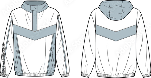Sport hooded windbreaker jacket technical flat sketch, fashion CAD drawing, front and back view, color block outerwear apparel template vector illustration isolated