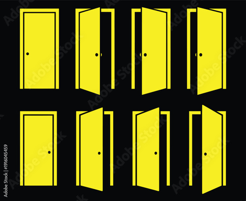 Door icons set. Open, close and ajar door. Doors collection. Opened entrance door set flat style - stock vector.