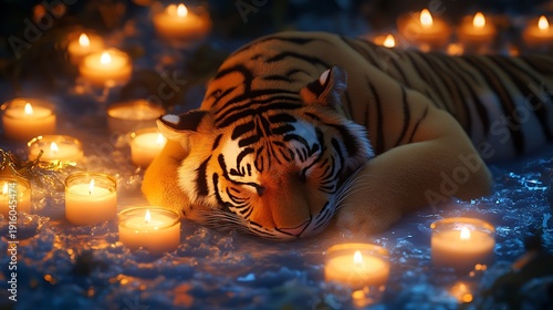 Stuffed tiger curled up beside luminescent ocean candles