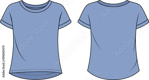 Women basic t shirt flat sketch front and back view, fashion CAD drawing, casual apparel template, short sleeve garment vector illustration isolated
