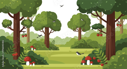 Professional flat vector illustration of a lush forest glade featuring deciduous trees, wild red berries, mushrooms, and small birds for nature storytelling