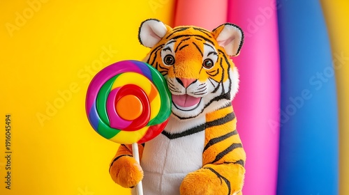 Stuffed tiger holding a giant rainbow lollipop playful and bright