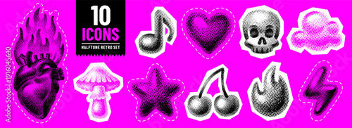 Music grafitti collage. Rock punk halftone grunge element. Retro emo pop art. Vintage blur grain gradation sticker. 3d Y2k cutout fire heart star skull lightning. Punk rock music dj graffiti poster bg