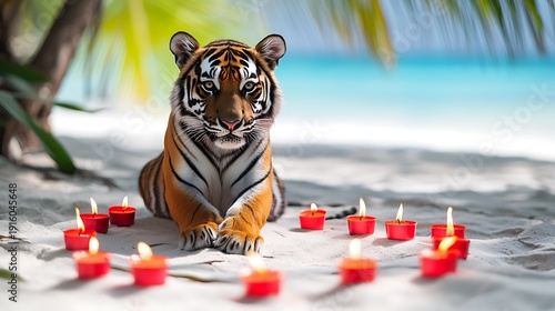 Stuffed tiger near a circle of red candles on tropical beach