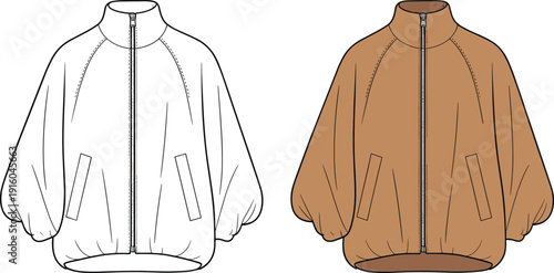 Women bomber jacket technical drawing, zip front outerwear CAD template, front and back view, flat vector fashion illustration isolated background design