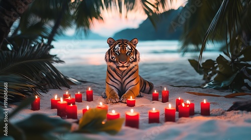 Stuffed tiger near a circle of red candles on tropical beach