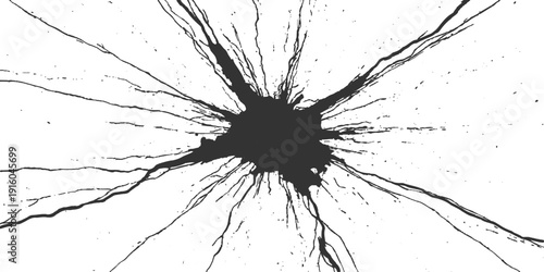 A grungy black ink splat and liquid paint splashes create a dirty vector texture with artistic blots, drips, and stain elements on a white background design