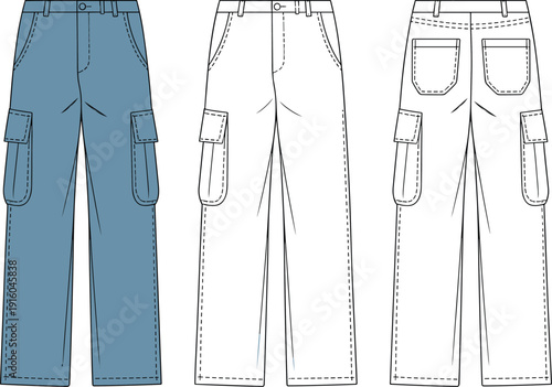 Women cargo pants technical drawing, utility trousers CAD template, front and back view, flat vector fashion illustration isolated background apparel design