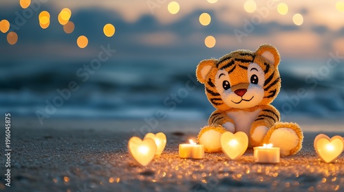 Stuffed tiger sitting beside heart shaped candles on a starlit beach