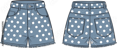 Women denim shorts technical drawing, polka dot pattern shorts CAD template, front and back view, flat vector fashion illustration isolated background design
