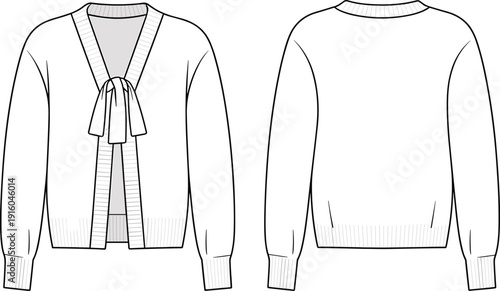 Women knit cardigan cad drawing, flat vector illustration, front and back view, fashion technical sketch, apparel template, isolated clothing design for production