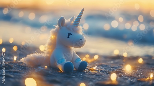 Stuffed unicorn surrounded by flickering lights on a dreamy seaside date