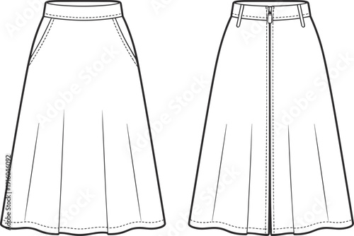 Women midi skirt cad drawing, flat vector illustration, front and back view, fashion technical sketch, apparel template, isolated clothing design for production