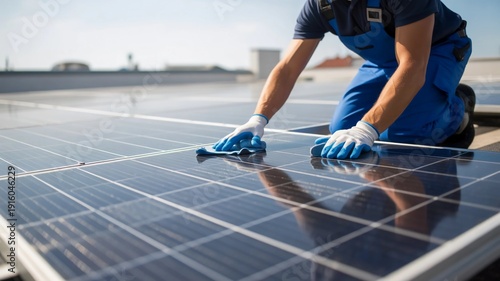 Worker wearing blue overalls meticulously cleans photovoltaic solar panels outdoors on rooftop