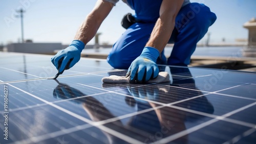 Worker cleaning solar panel surface with cloth and small tool outdoors
