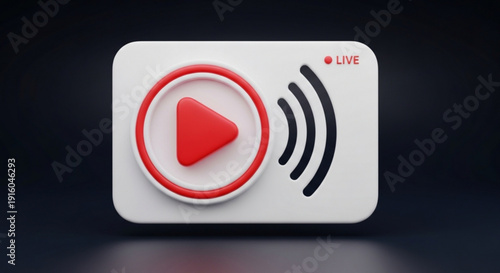 Live streaming play button with signal waves on dark background for online broadcasting and social media