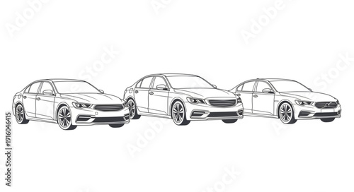 Three modern sedan cars parked side by side in a line.