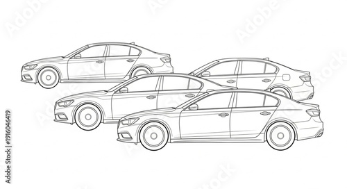 Three modern sedans drawn in a sketch style on a white background.