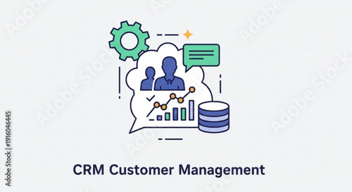 Crm customer management concept with people data and gear icons on a white background for business and technology designs
