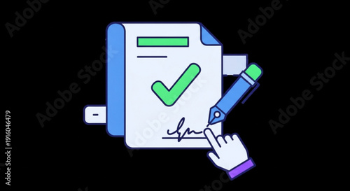 Person signing document with green checkmark and pen on paper