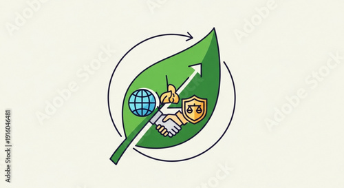 Eco friendly business partnership handshake with globe and shield on green leaf symbolizing sustainable growth and security