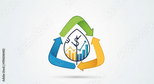 Eco friendly business cycle with recycling arrows and financial growth chart on white background