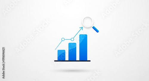 Business growth chart with magnifying glass on increasing blue bar graph symbolizing analysis and success in finance and statistics on white background