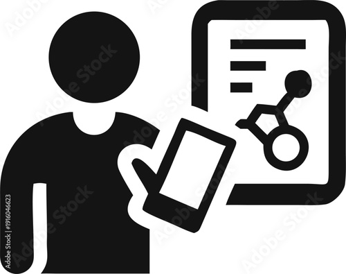 Individual presenting scientific data or network connections on a large digital screen with a mobile device
