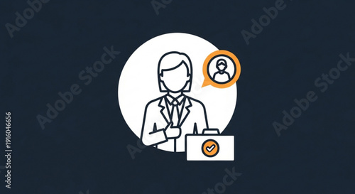 Business professional presenting with laptop and speech bubble on dark background