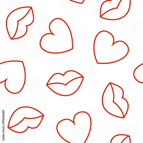 Vector seamless pattern with lips and hearts in doodle style. Perfect for Valentine's Day and Kissing Day.