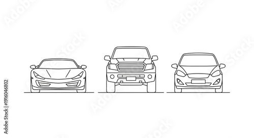 Three different types of vehicles shown in front view line art.
