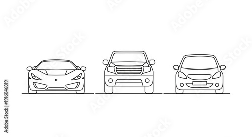 Three different types of vehicles shown in line art style.