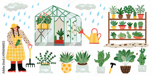 A colorful illustration of a greenhouse with a gardener and various plants