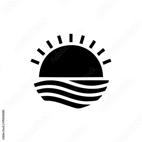A serene sunset over calm ocean waves with a stylized sun design.