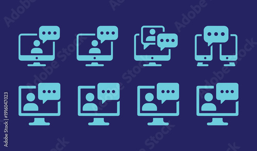 Online conference icon set. Video meeting, interview, digital communication, webinar, device screen, seminar - stock vector.