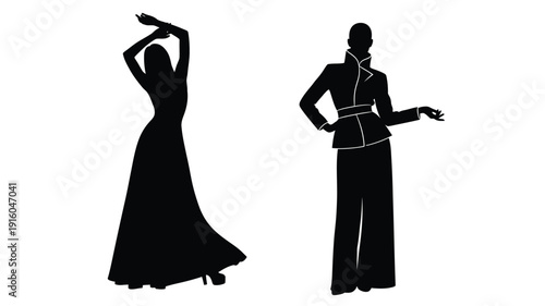Two fashionable figures posing a striking black silhouette