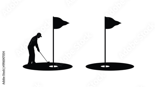 Golfer preparing to putt on a green striking black silhouette
