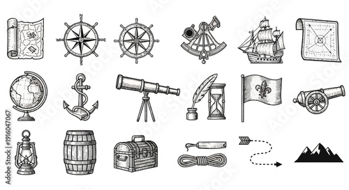 Vintage nautical navigation icons and objects.