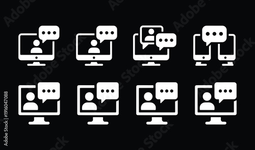 Online conference icon set. Video meeting, interview, digital communication, webinar, device screen, seminar - stock vector.