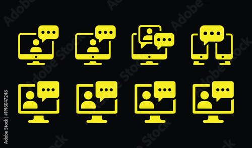 Online conference icon set. Video meeting, interview, digital communication, webinar, device screen, seminar - stock vector.