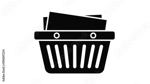 Black waste bin with paper a simple graphic silhouette