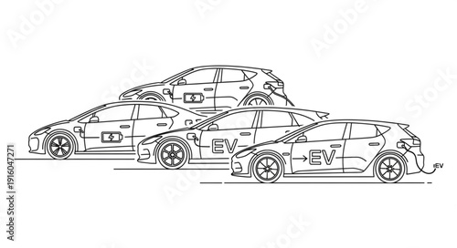 Three electric cars charging with cables and power outlets.