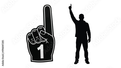 A man stands near a large foam finger with a number one silhouette