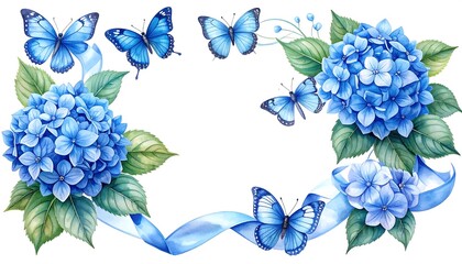 A blue floral wreath with butterflies and ribbons on a white background