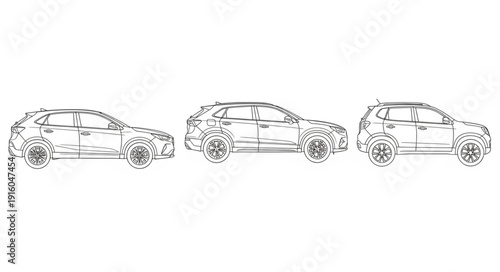 Three Hand Drawn Cars Lined Up Side By Side.