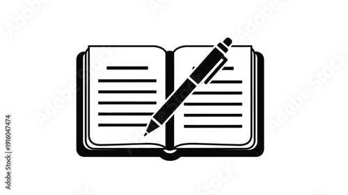 Open book with a pen resting on pages black silhouette