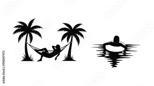 Tropical scene with a hammock and sunset striking black silhouette