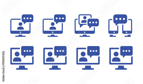 Online conference icon set. Video meeting, interview, digital communication, webinar, device screen, seminar - stock vector.