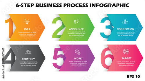 6-Step Business Process Infographic. Vector Illustration of Colorful Overlapping Arrow Banners with Large Numbers and Line Icons on White