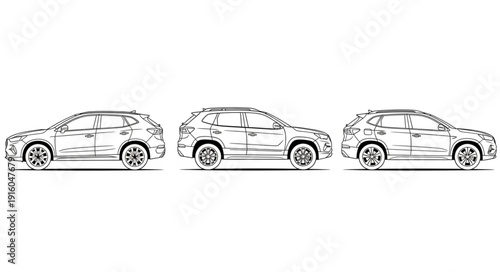 Three identical car sketches lined up side by side.